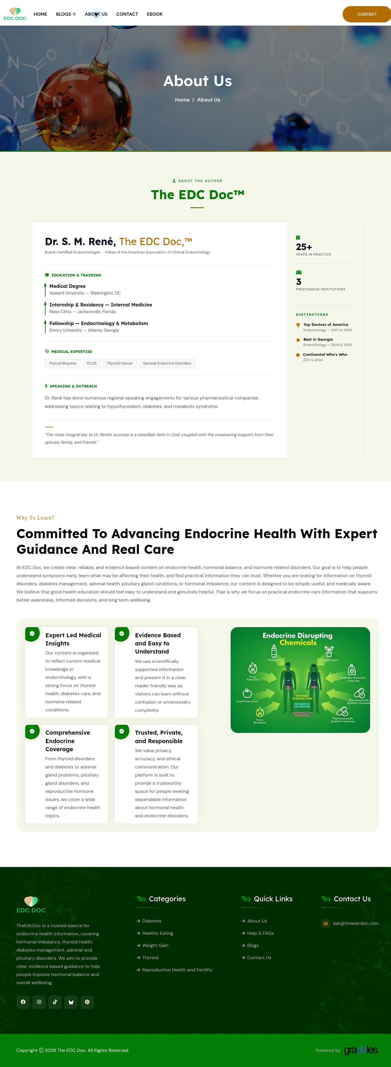 The EDC Doc About page with author profile and educational mission