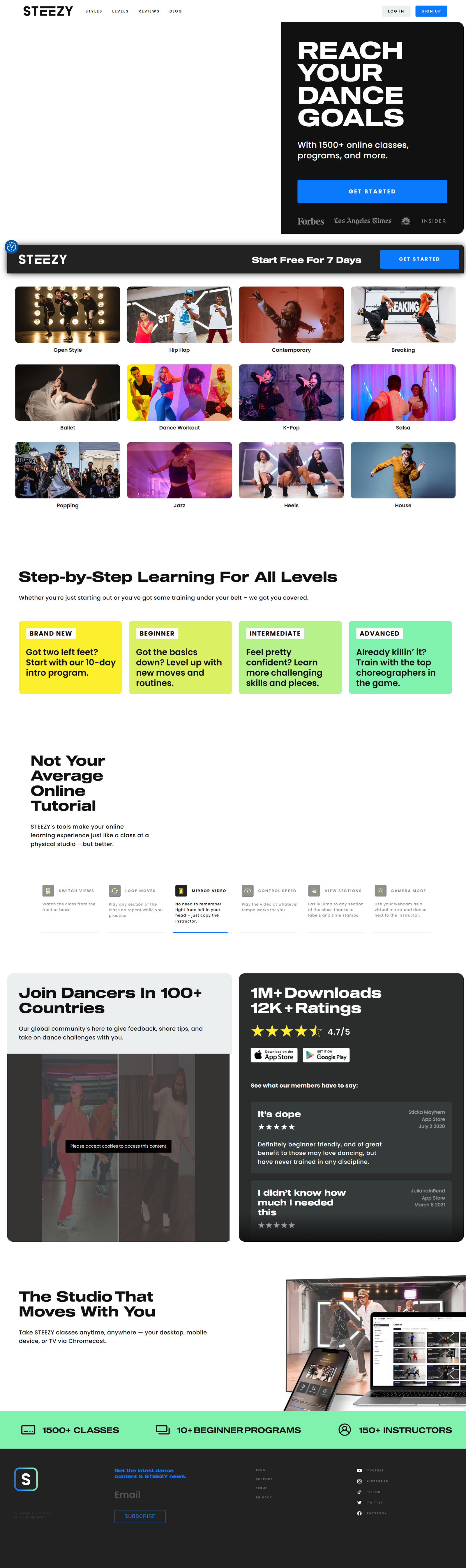 STEEZY homepage introducing online dance classes, dance styles and learning levels.