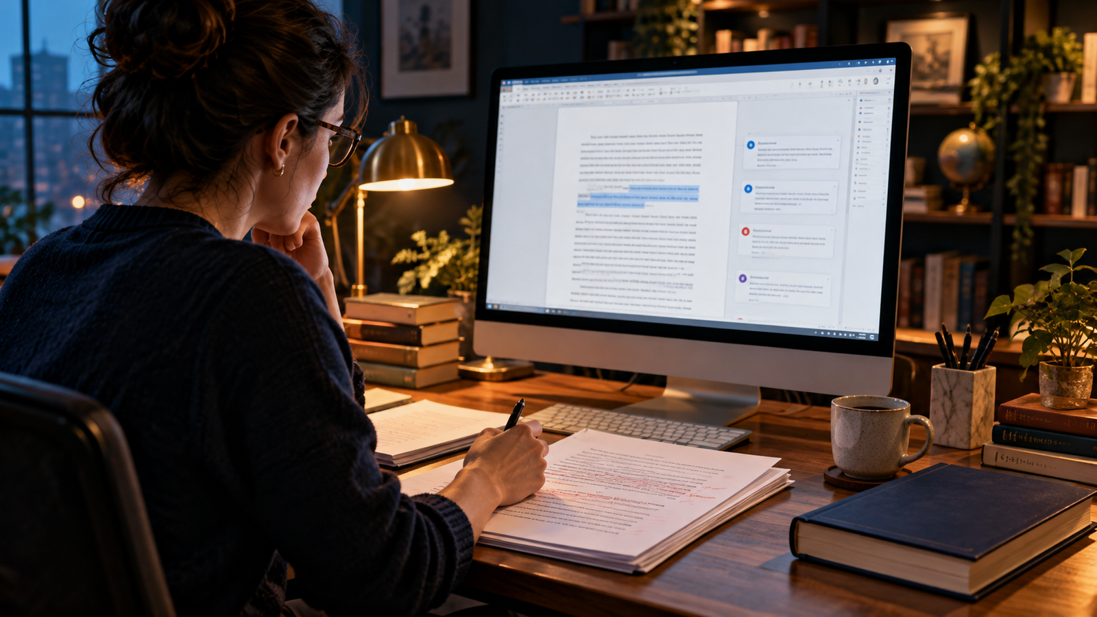 Book editing workspace with manuscript pages and editorial notes