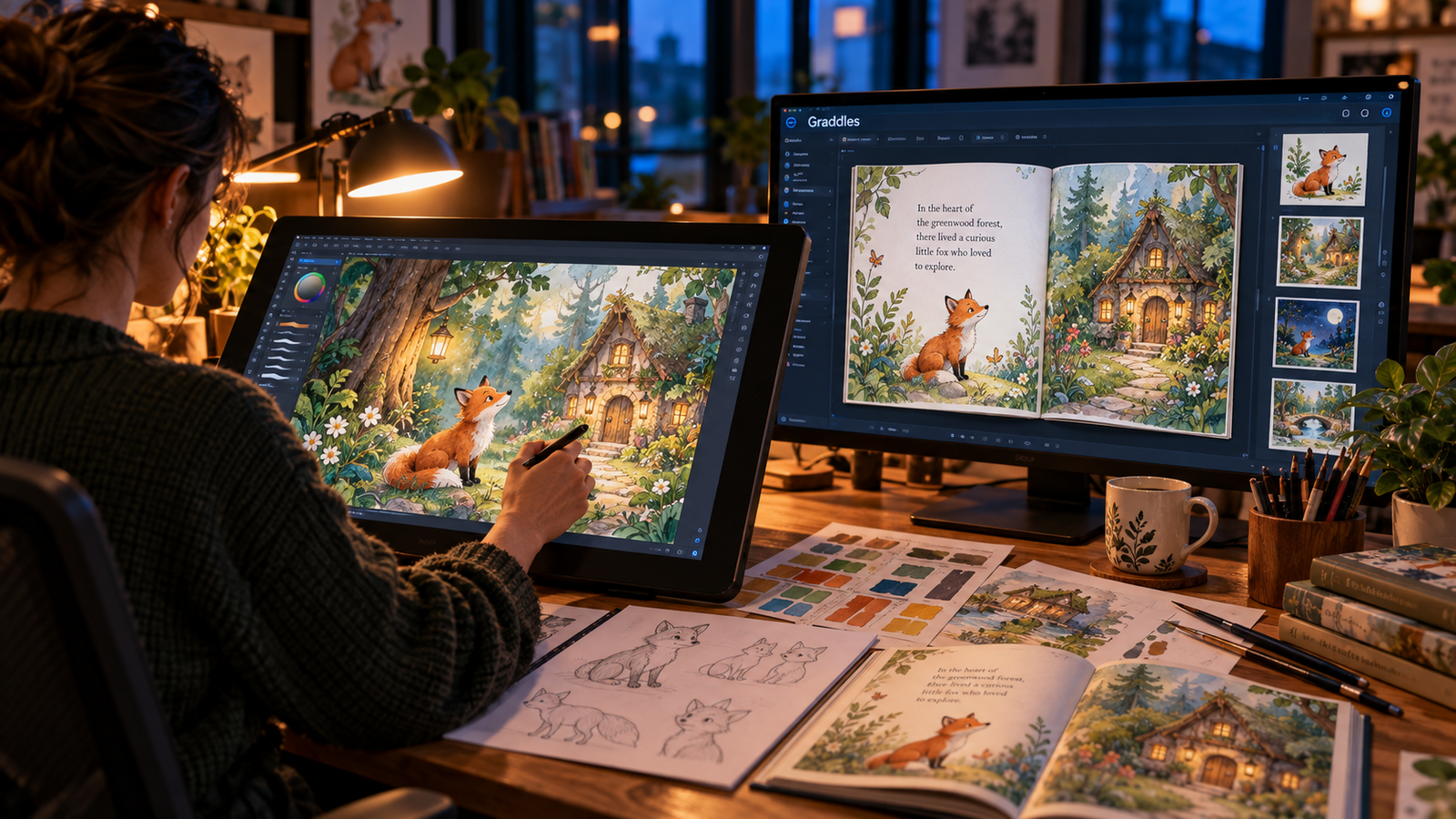 Book illustration artwork showing character sketches and a finished story scene