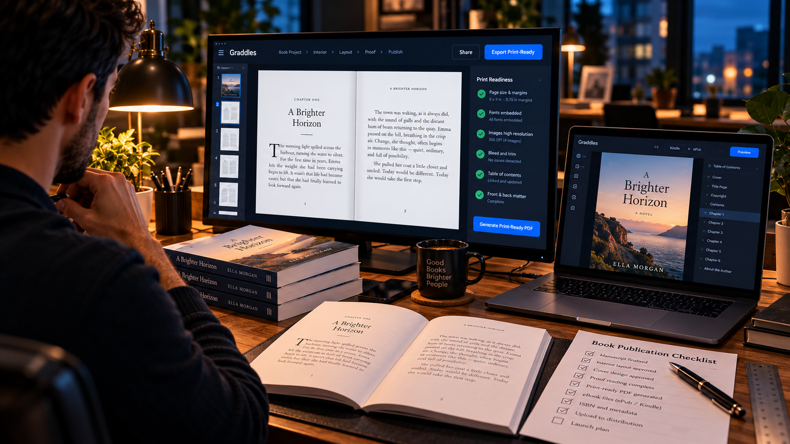Book publishing workspace showing a formatted manuscript and print book proof