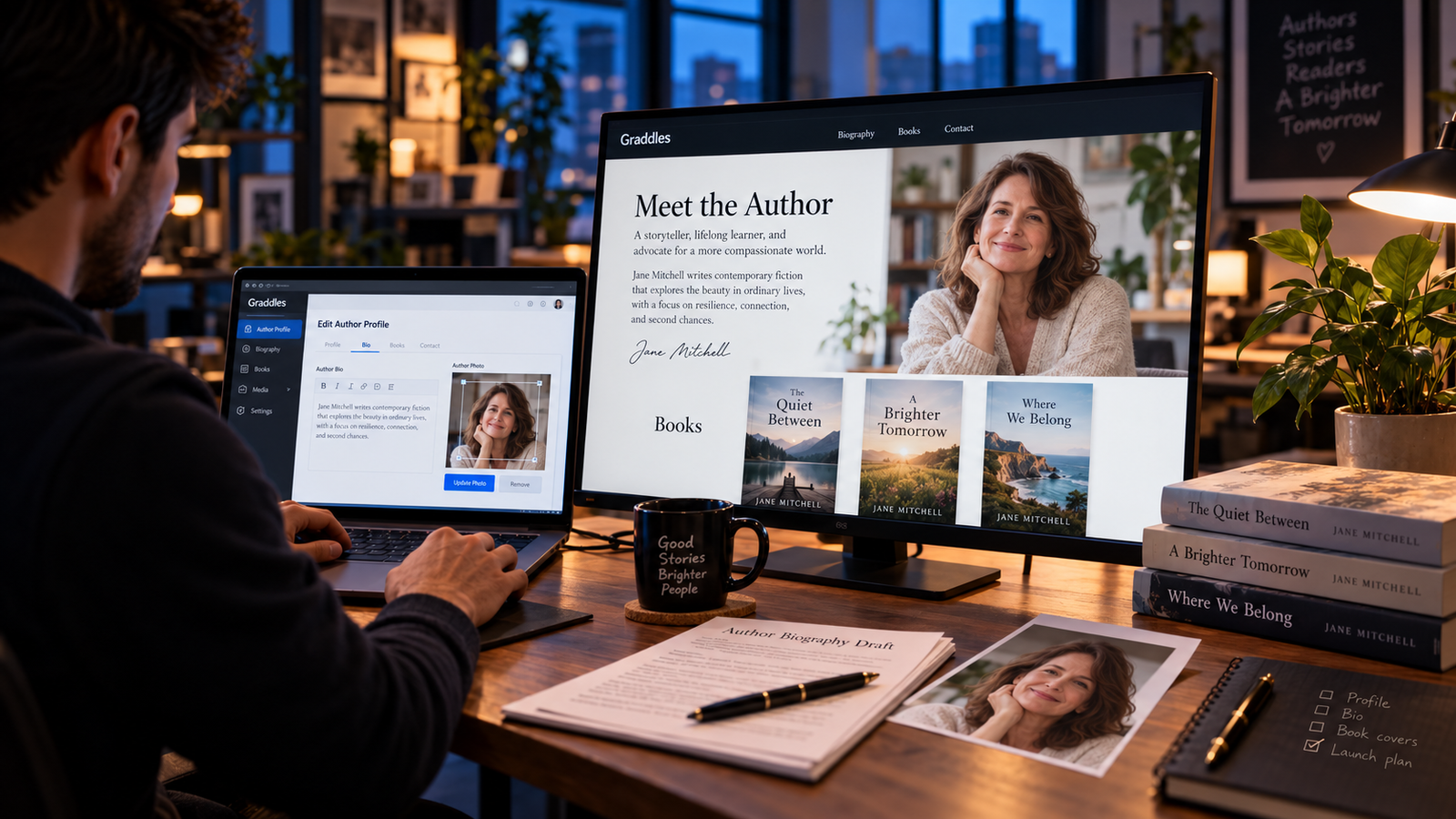 Author profile displayed on a laptop with a biography, portrait and book details