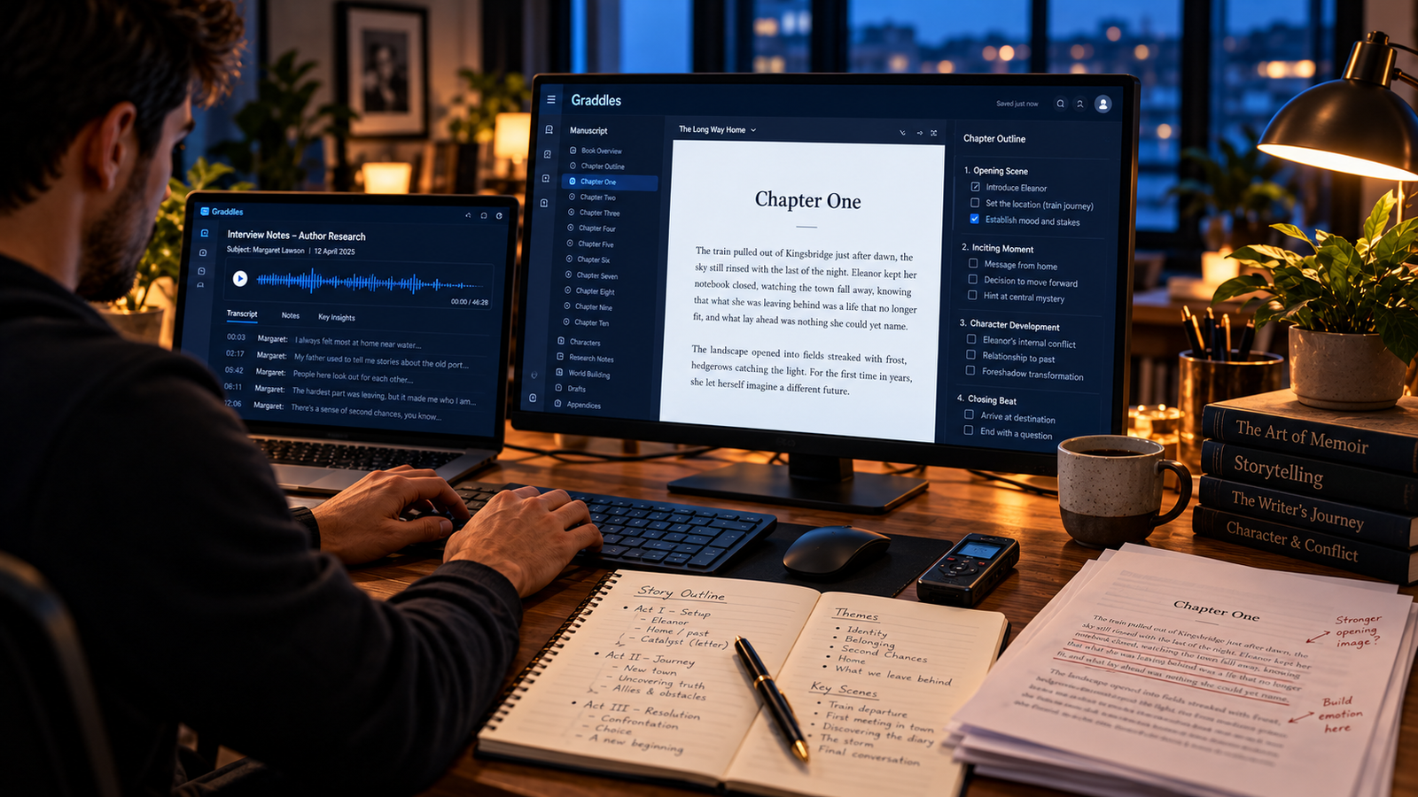 Ghostwriting workspace with manuscript notes and a laptop for book drafting